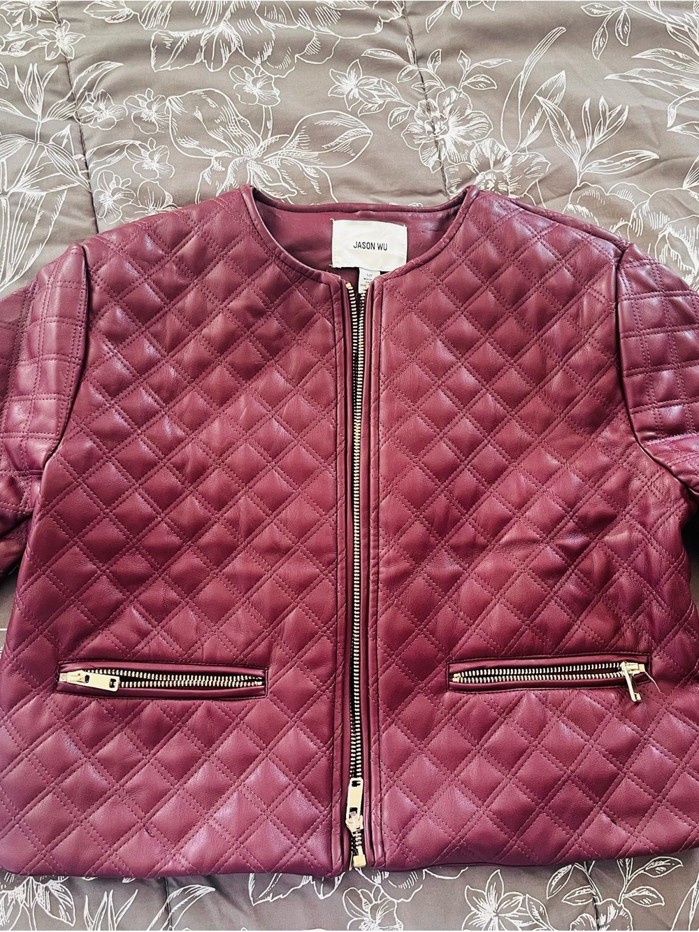 Jason Wu Quilted Wine Leather Jacket with Gold Zippers